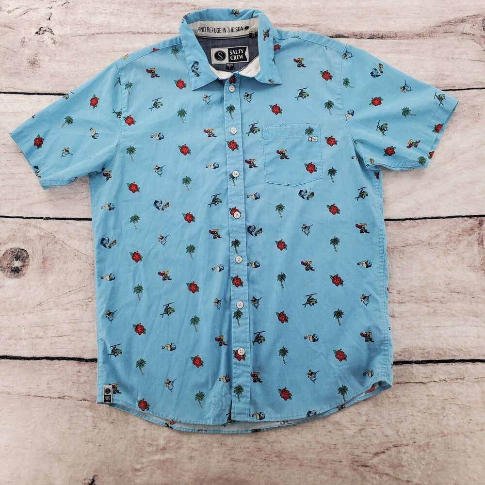 Salty Crew Large Mens Shirt Button Up Short Sleeve Hawaiian Tropical Floral Fish